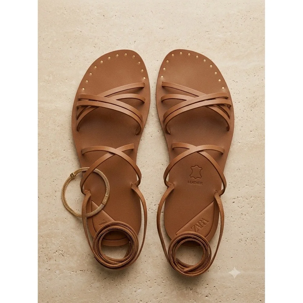 Zara Kids Tan Brown Leather Gladiator Lace Up Sandals Gold Studs 2618/330/700